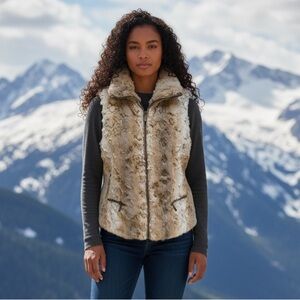 GO COCO FAUX FUR BROWN & CREAM PLUSH TEXTURED COZY SLEEVELESS FULL ZIP VEST SZ L